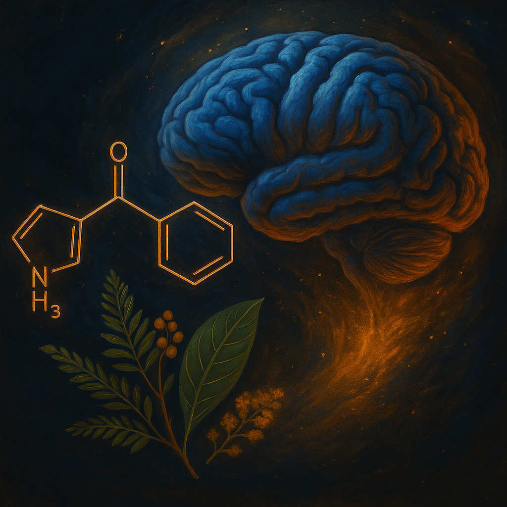 Representación del DMT y su efecto en la estructura cerebral y la percepción sensorial.