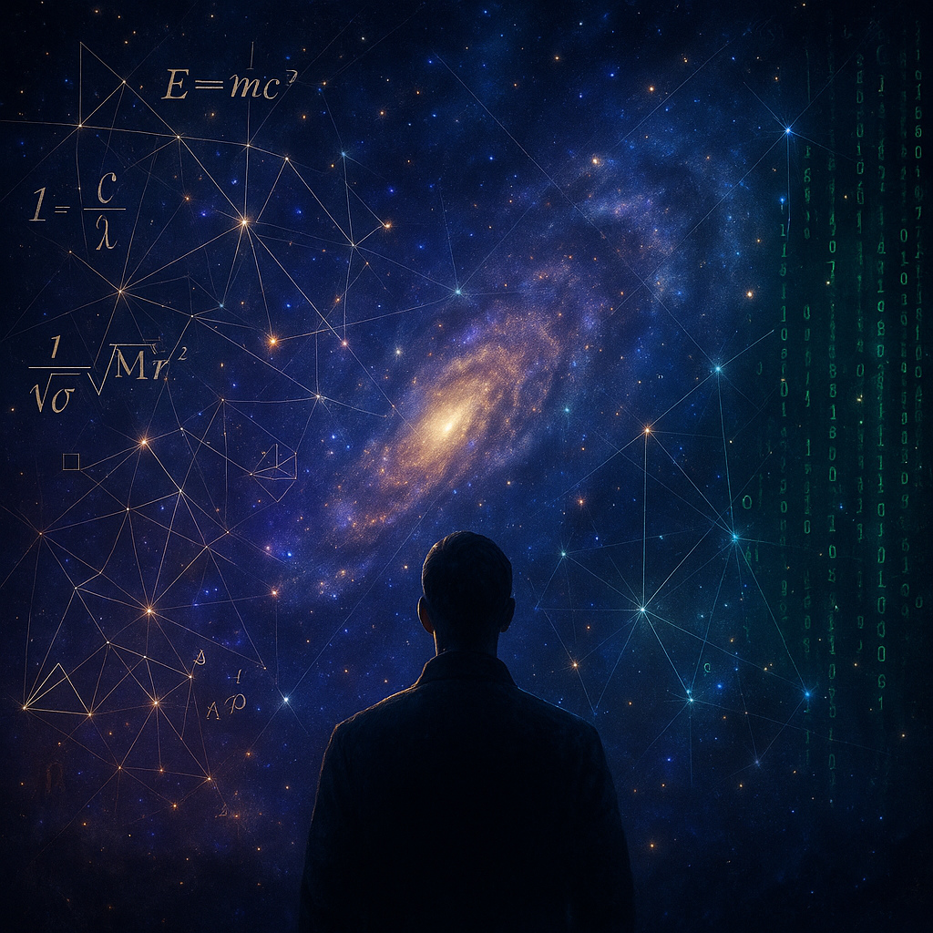 Pintura digital de un vasto universo estrellado con fórmulas matemáticas a un lado y líneas de código verde estilo Matrix al otro, con un observador centrado contemplando el cosmos.