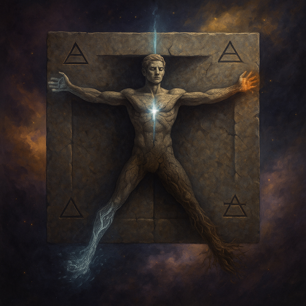 Representación artística del Cuatro en astrología: figura humana tallada en piedra con los cuatro elementos, simbolizando la lucha del espíritu por liberarse de la prisión de la materia.