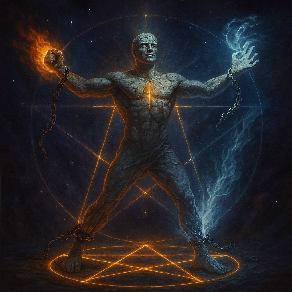 Hombre de piedra rompiendo cadenas sobre un pentagrama, representando el dominio de los cinco elementos y la ascensión espiritual