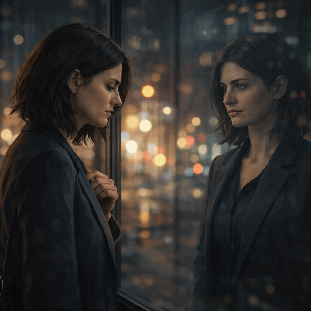Mujer observando su reflejo en una ventana nocturna con una expresión más serena en el cristal