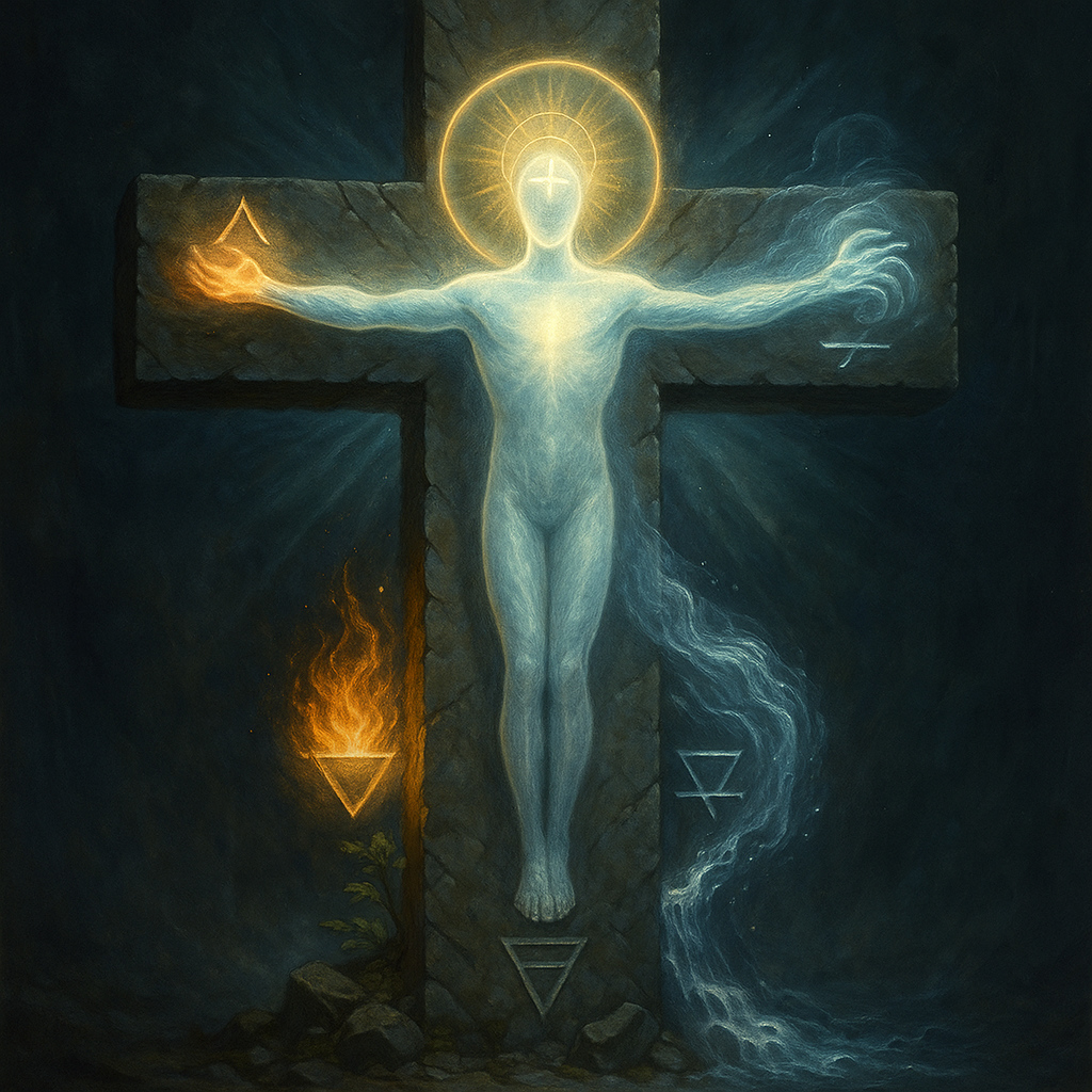 Imagen mística de un espíritu luminoso crucificado en una cruz de piedra, con halo dorado y símbolos esotéricos de tierra, agua, fuego y aire en cada extremidad, representando la unión del espíritu con los elementos.