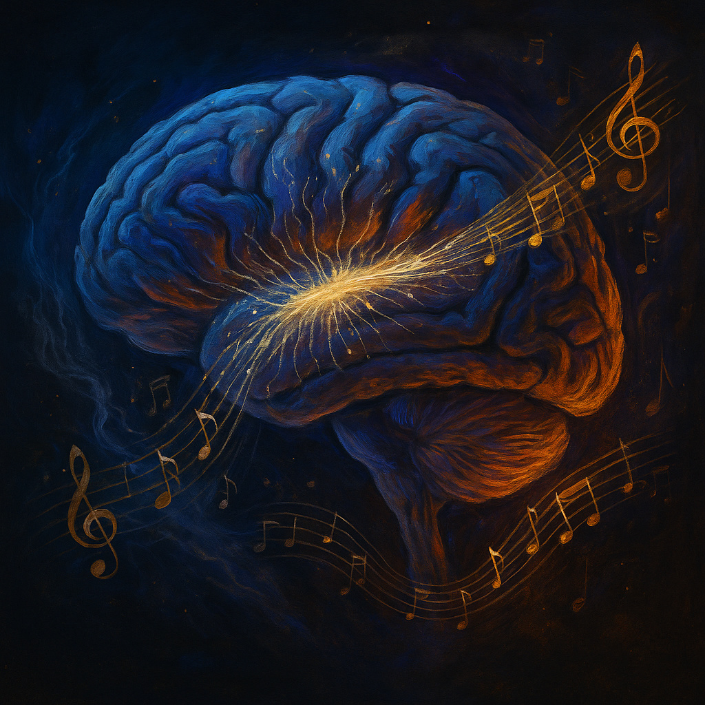 Ilustración de la estructura cerebral y alucinaciones, destacando el papel del cuerpo calloso en la música y la percepción.