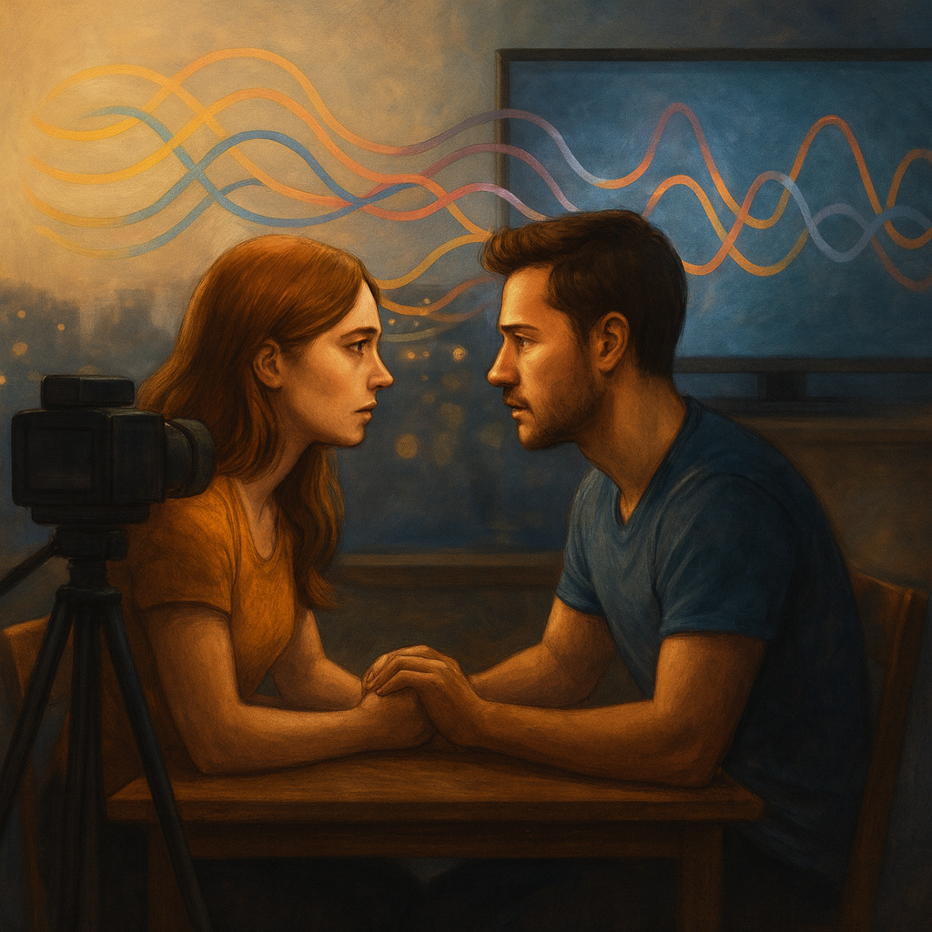 Estudio psicológico de cooperación emocional en parejas, con investigadores observando y midiendo reacciones emocionales en un laboratorio.