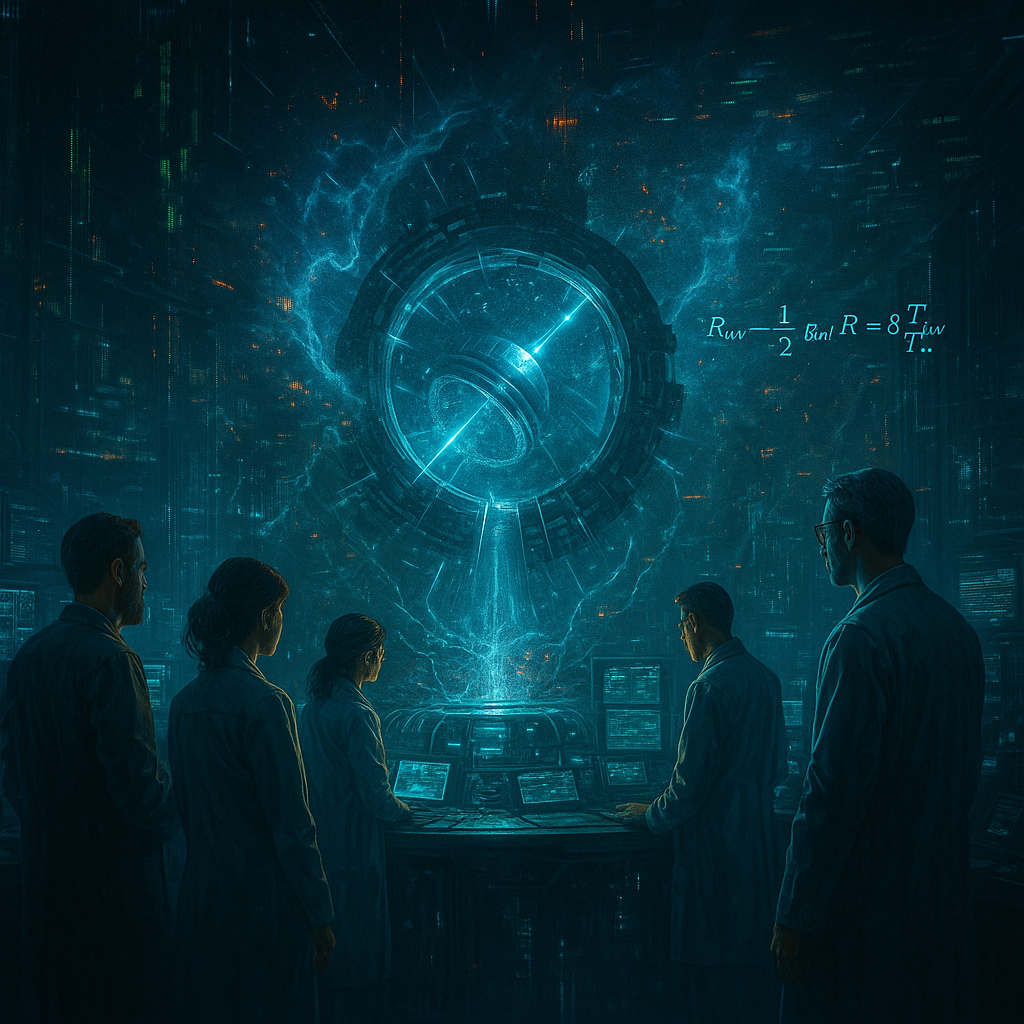 Laboratorio futurista con científicos estudiando un acelerador de partículas y anomalías visuales que revelan patrones de código.