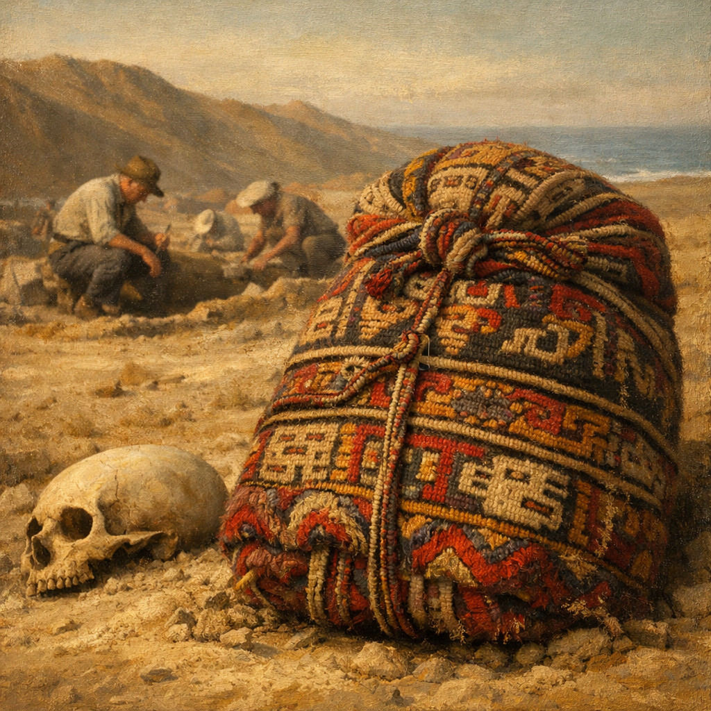 Fardo funerario de la cultura Paracas con mantos bordados, representado en una excavación arqueológica en el desierto costero del sur del Perú.