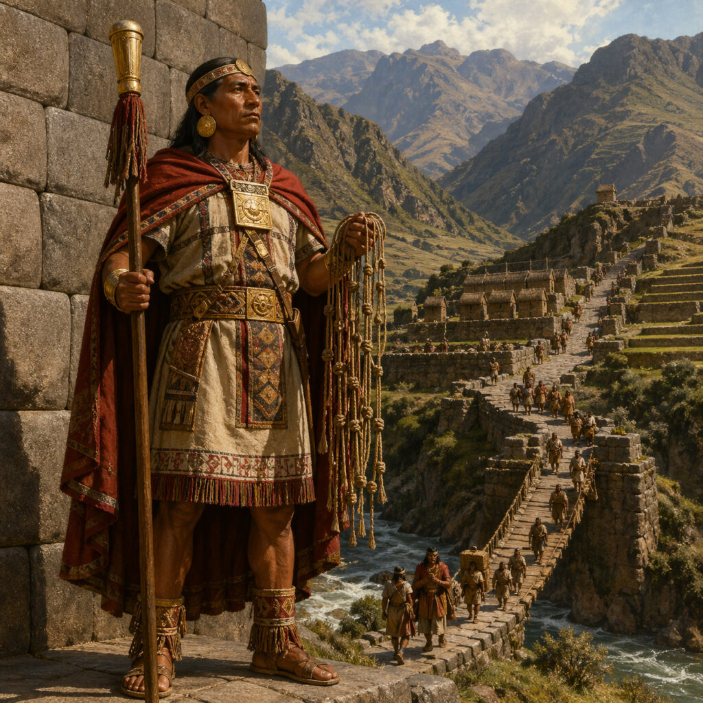 Ilustración histórica de un alto funcionario inca con un quipu y un bastón de autoridad, junto a un muro de piedra, con caminos, puente, terrazas y pobladores andinos al fondo.