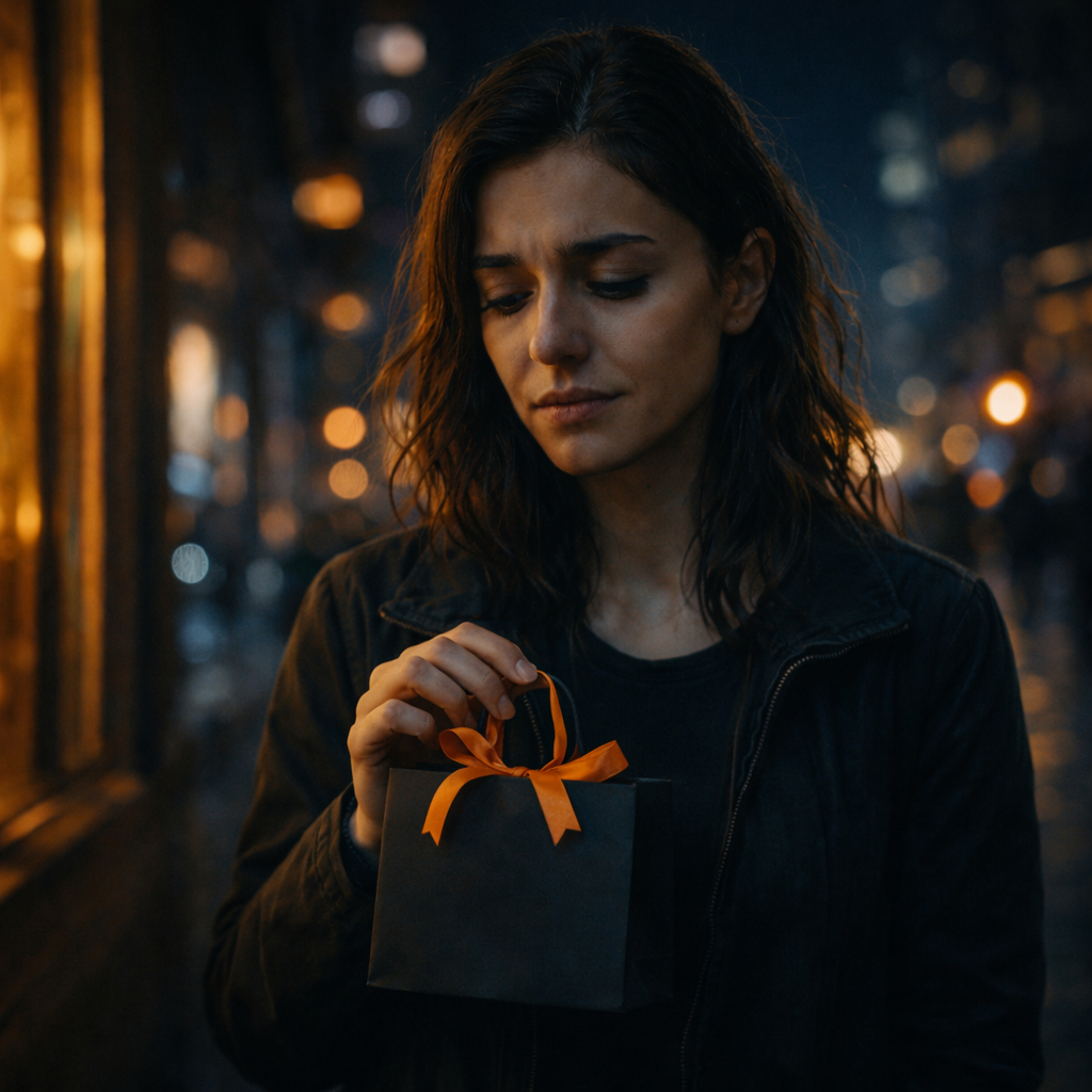 Mujer con expresión triste sosteniendo una caja de regalo que representa el gasto emocional y las compras impulsivas