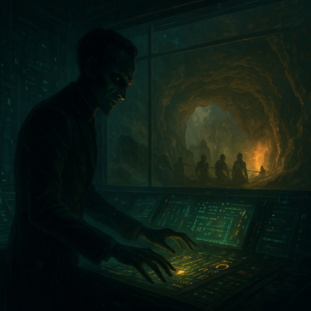 Ilustración cinematográfica del genio maligno de René Descartes controlando una simulación, con referencias a la alegoría de la caverna de Platón.