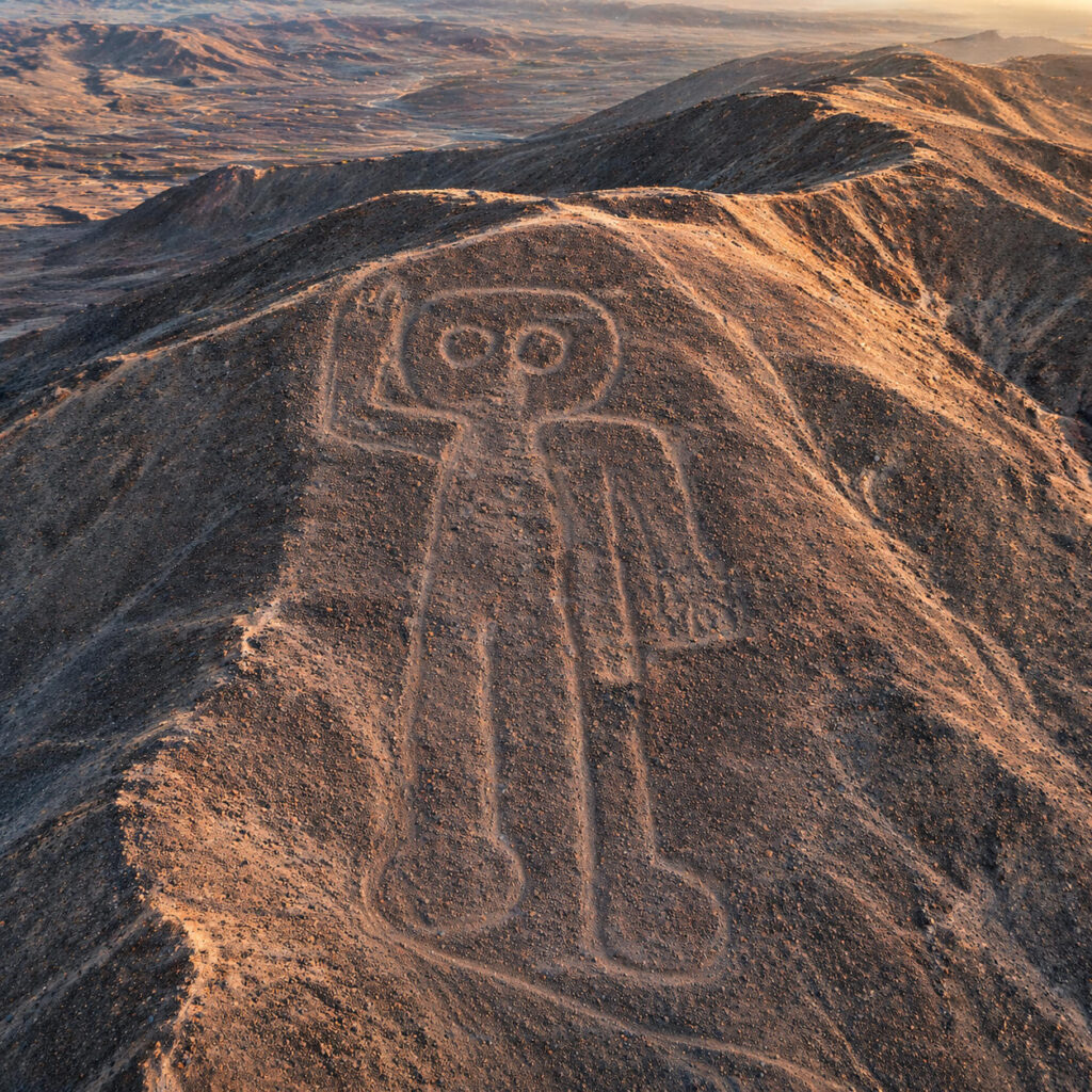 Vista aérea del geoglifo del Astronauta en Nazca, figura antropomorfa grabada sobre una colina rocosa del desierto peruano con líneas antiguas y sutiles.