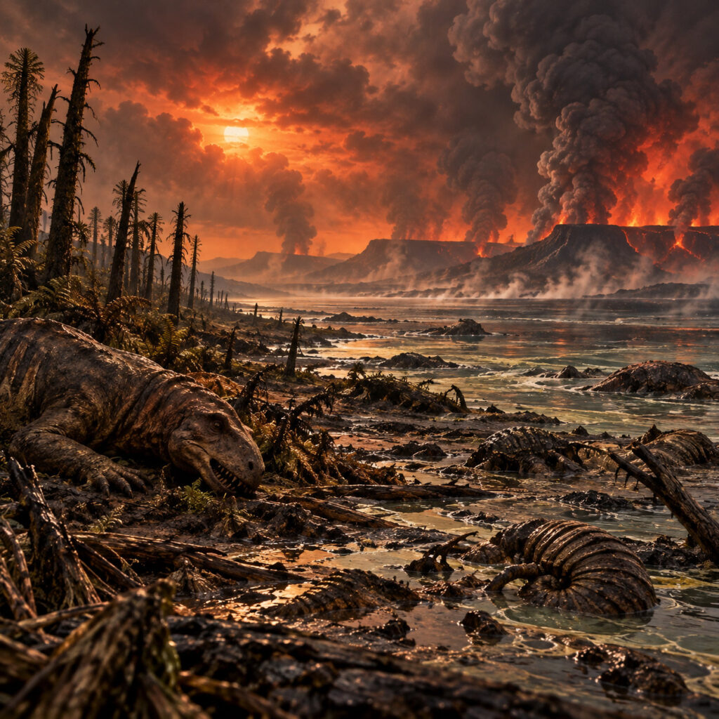 Paisaje del Pérmico durante la extinción masiva con animales muertos y volcanes en erupción