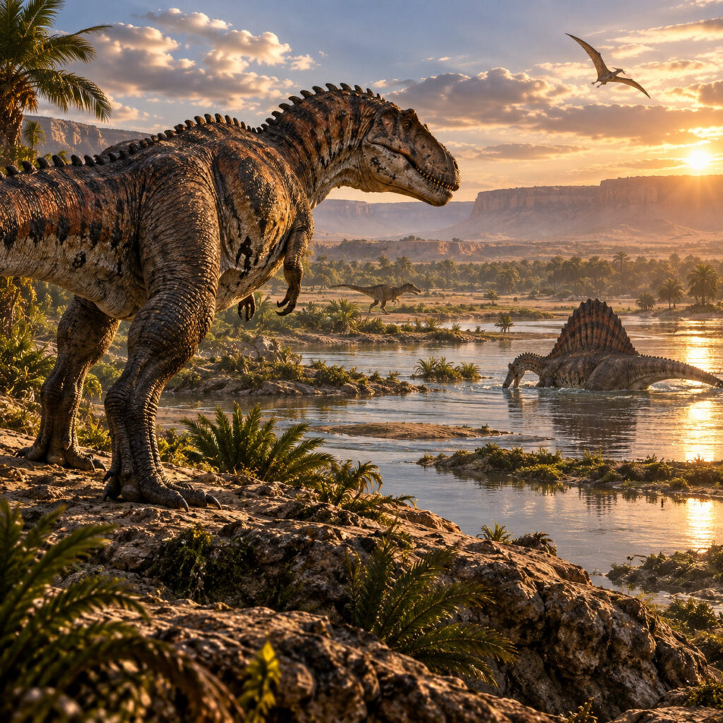 Carcharodontosaurus y Spinosaurus en un paisaje fluvial del Cretácico