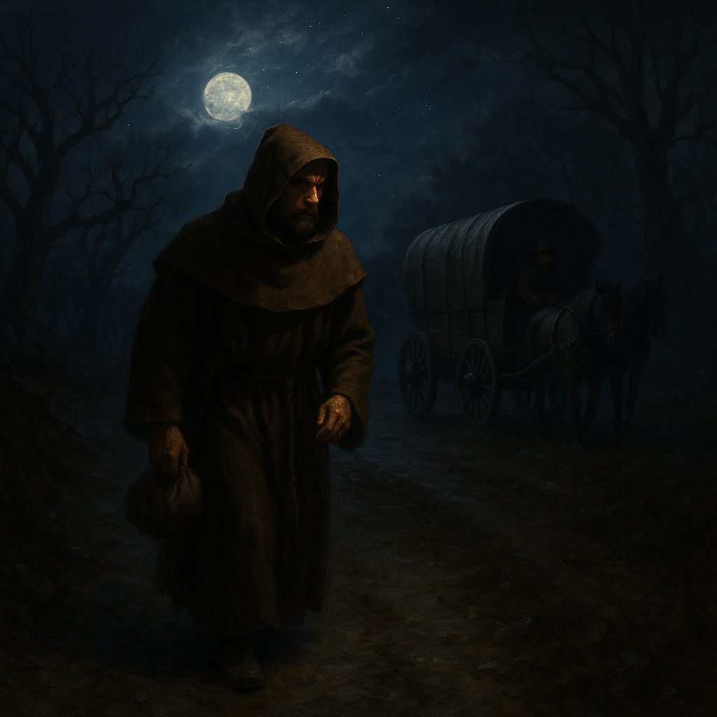 Guillermo de Ockham subiendo a una carreta medieval durante la noche, mientras el conductor observa con cautela los alrededores.