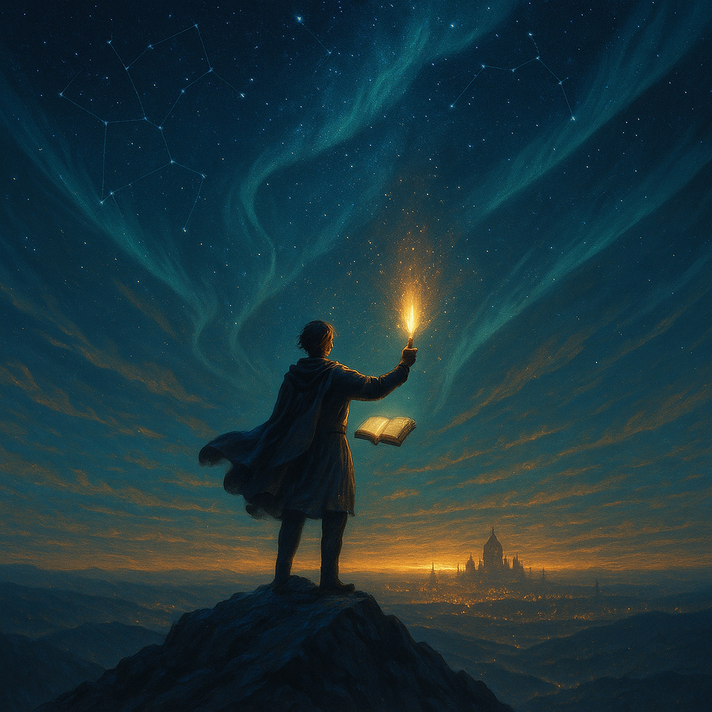 Ilustración de una persona sosteniendo una luz brillante mientras contempla un horizonte elevado, representación artística del idealismo y la capacidad de imaginar lo imposible.