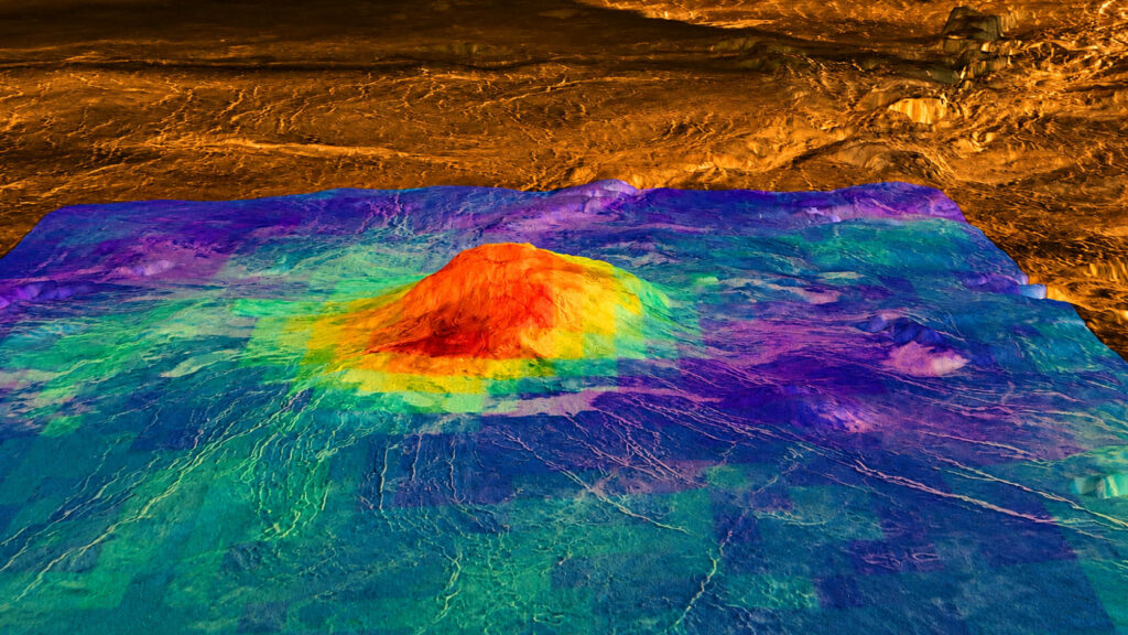 Mapa de Idunn Mons en Venus con datos topográficos y anomalías térmicas