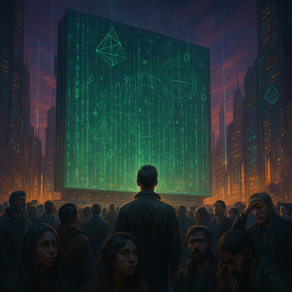 Multitud observando un holograma gigante que revela que el universo es una simulación.
