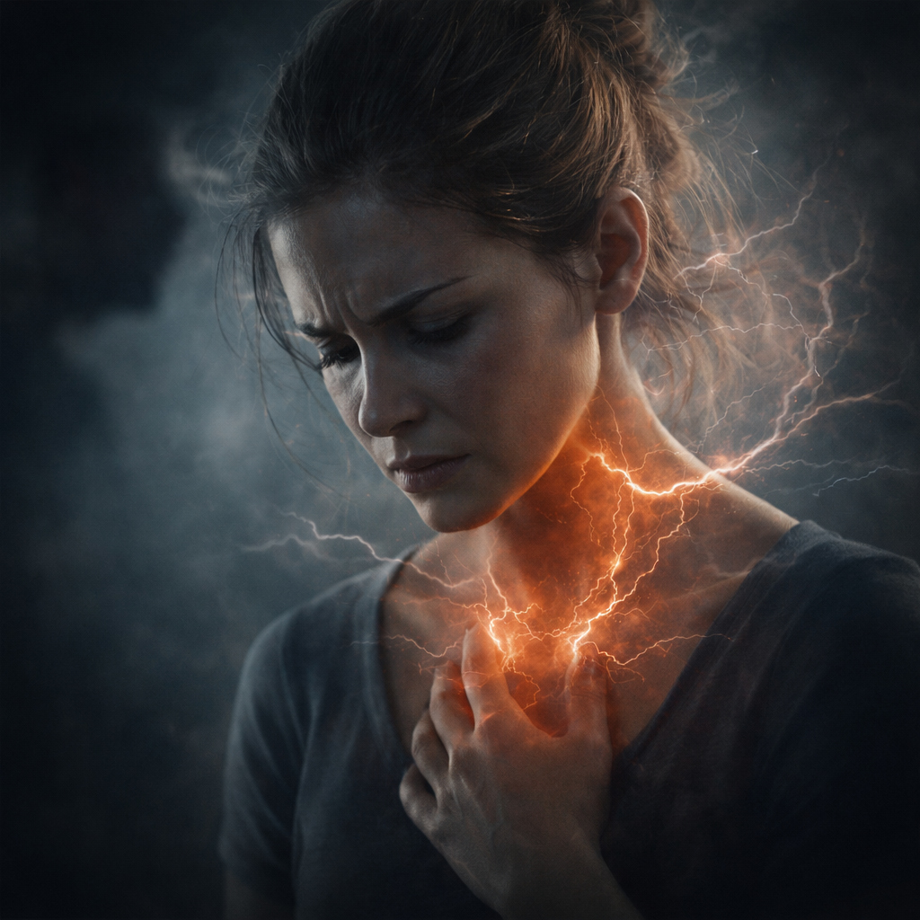 Mujer con expresión de dolor emocional y tensión interna, mientras una energía simbólica recorre su pecho y garganta para representar el impacto físico del abuso verbal y la violencia psicológica.