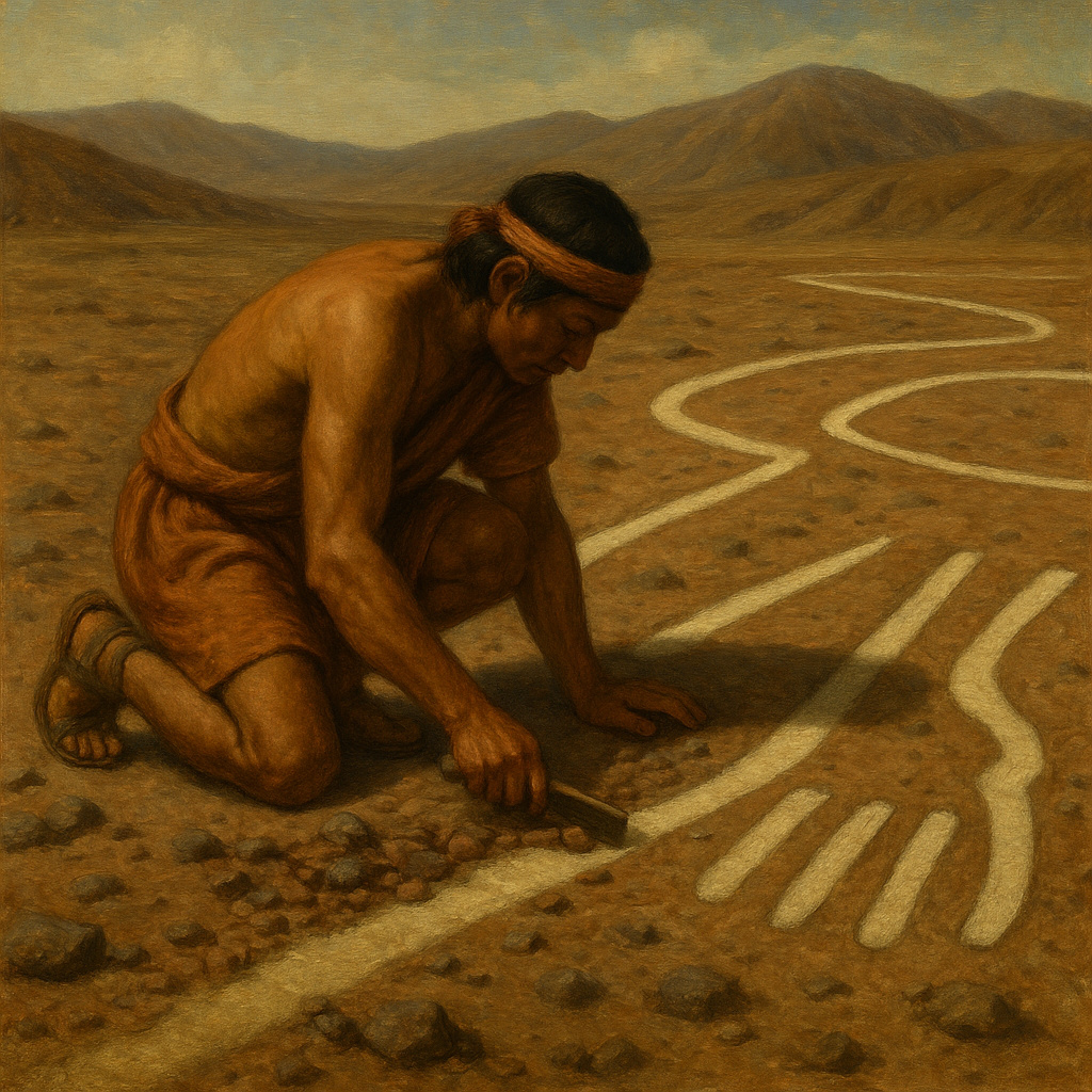 Indígena Nazca agachado en el desierto, removiendo piedras para formar parte de un geoglifo humanoide incompleto, con líneas blancas visibles sobre la arena rojiza y montañas al fondo.