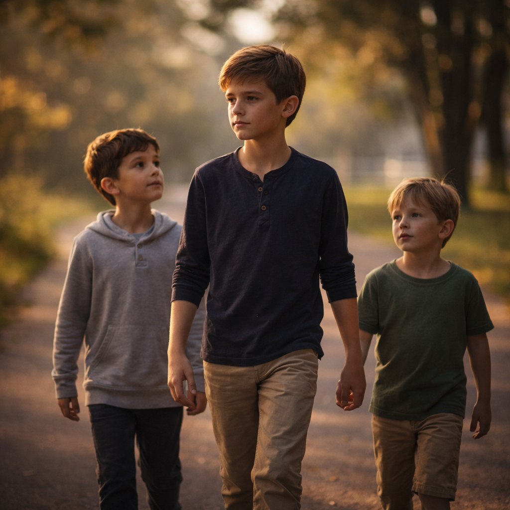 Tres hermanos caminando con el hijo mayor por delante como símbolo de la influencia del hijo primogénito en sus hermanos menores