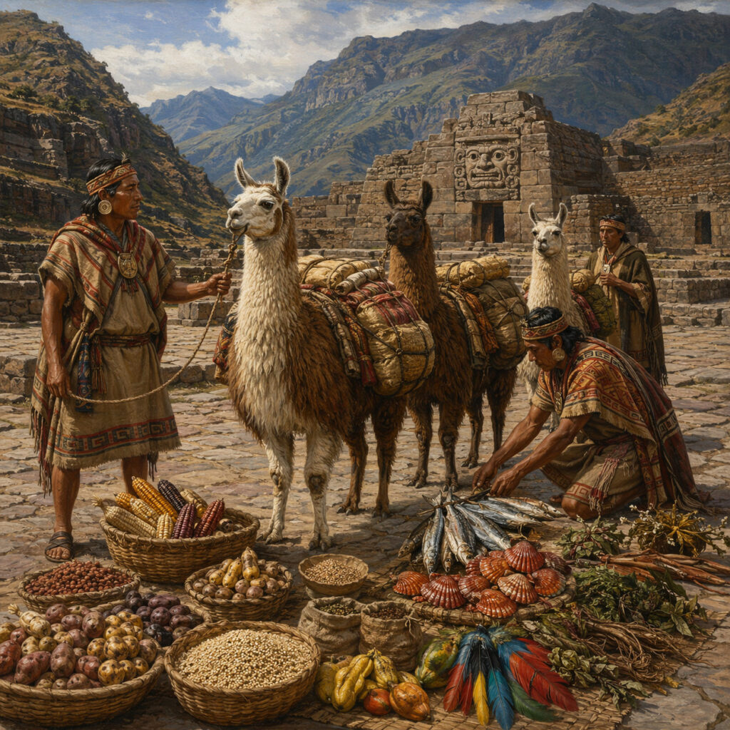 Comerciantes chavín con llamas cargadas y productos de intercambio en Chavín de Huántar, incluyendo maíz, papas, pescado seco, conchas y plumas tropicales.