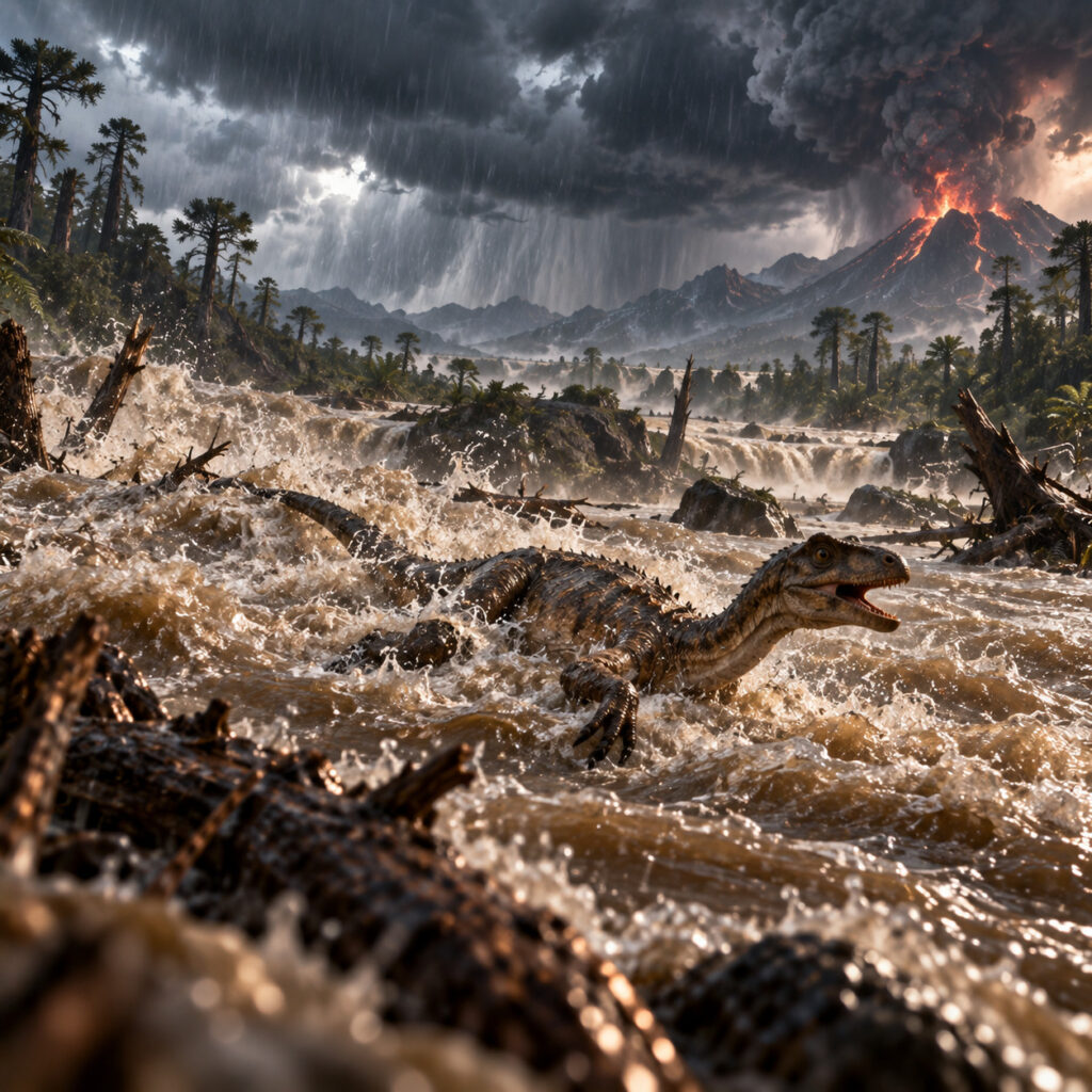 Dinosaurio temprano luchando contra una corriente durante una inundación del Triásico