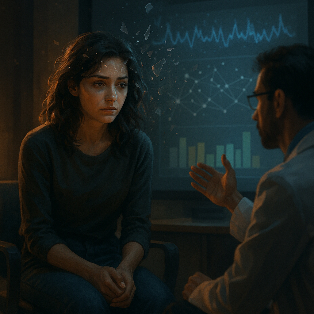 Mujer joven en laboratorio psicológico escuchando a un investigador, ilustrando el estudio científico sobre el miedo a la soltería.