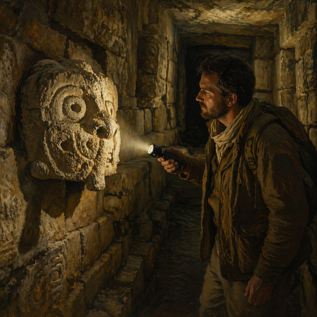 Investigador moderno iluminando y observando un grabado chavín en una galería subterránea de Chavín de Huántar.