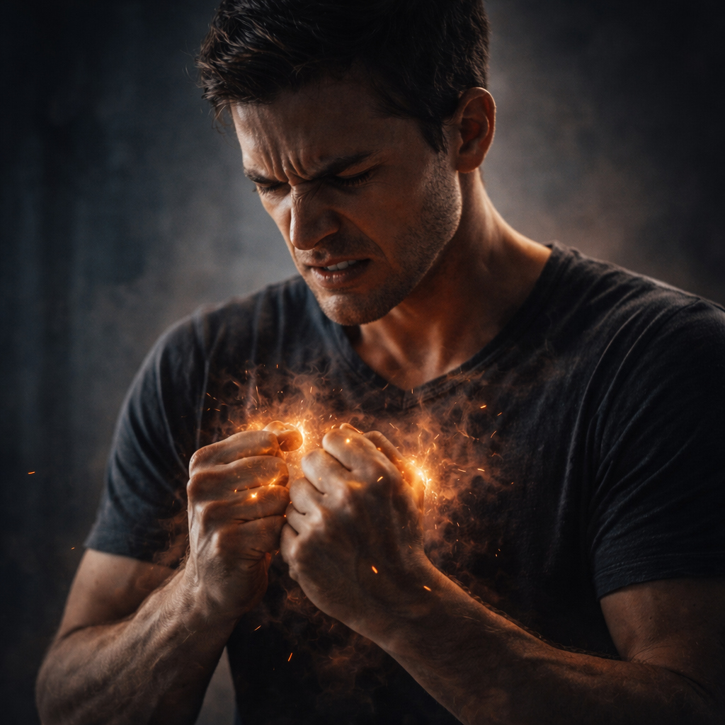 Hombre con expresión de ira contenida y puños cerrados, sosteniendo una energía incandescente entre las manos en una escena psicológica cinematográfica que simboliza el esfuerzo por no convertir el enojo en destrucción.