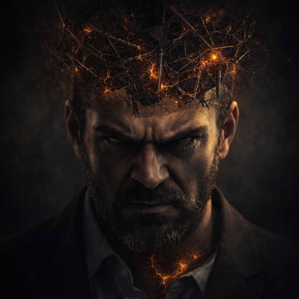 Retrato psicológico de un hombre agresivo y controlador con expresión intimidante, mientras su cabeza muestra caos mental, tensión interna y conflicto emocional.