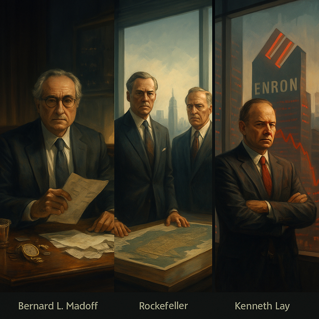 Bernard Madoff, los Rockefeller y Kenneth Lay en oficinas elevadas, simbolizando decisiones arriesgadas tomadas desde rascacielos.