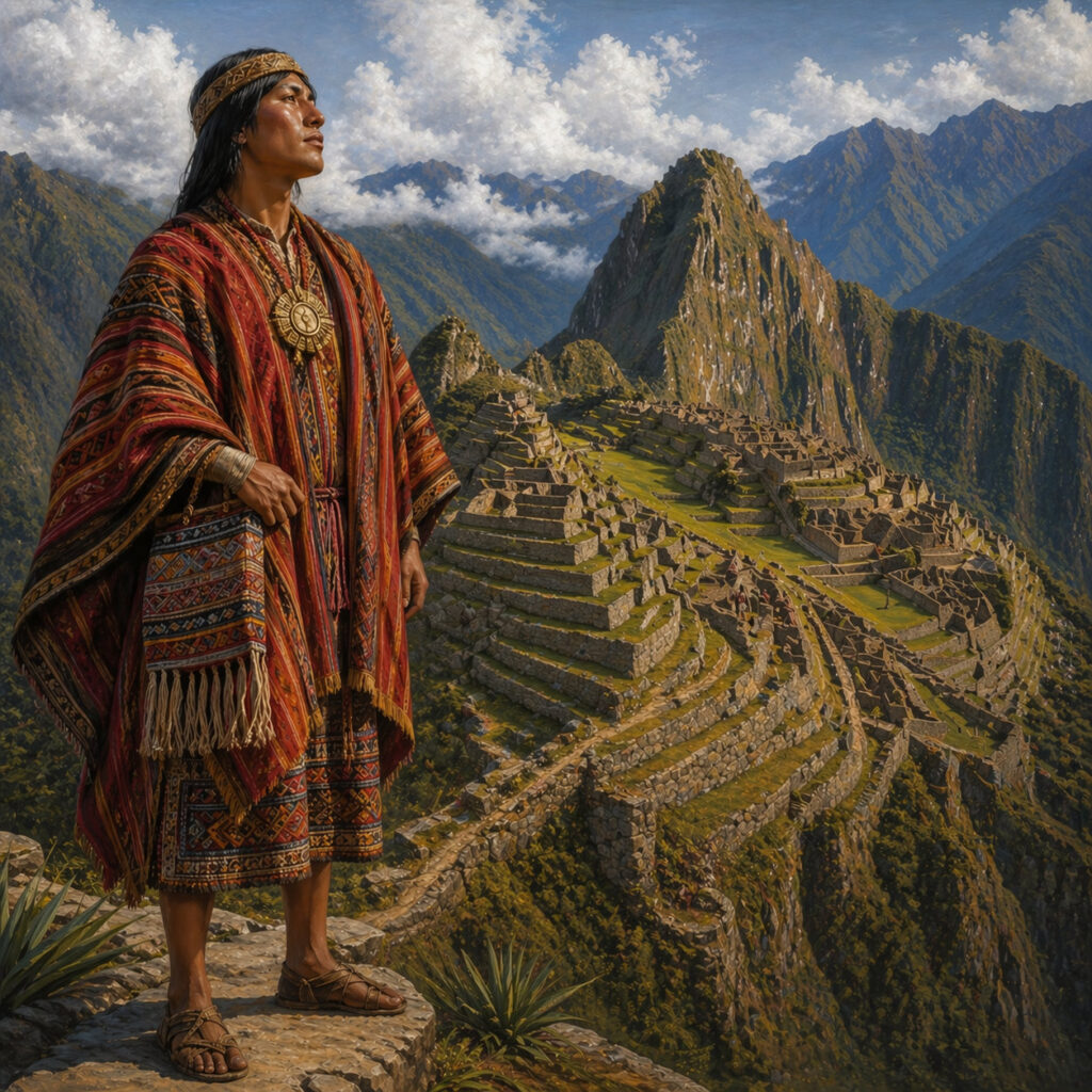 Ilustración histórica de una figura andina con textiles tradicionales de pie ante las ruinas de Machu Picchu, con montañas andinas al fondo.
