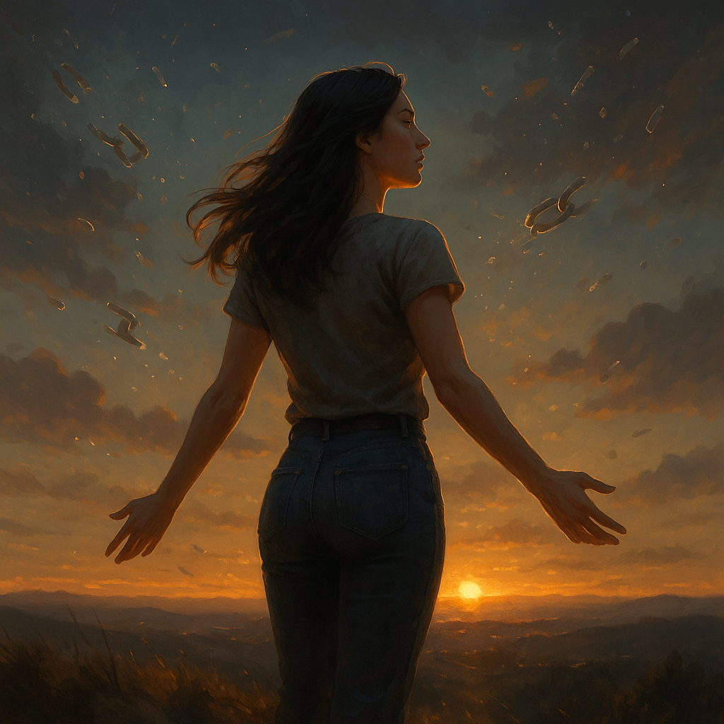 Mujer liberándose de cadenas al atardecer, símbolo de superar el miedo a la soltería.
