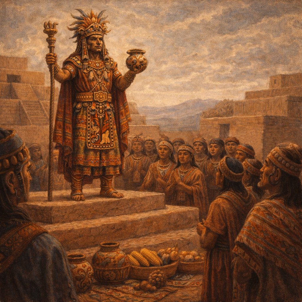 Sacerdote nazca de alto rango dirigiendo una ceremonia pública desde una plataforma de adobe ante miembros de la comunidad reunidos en un centro ceremonial.