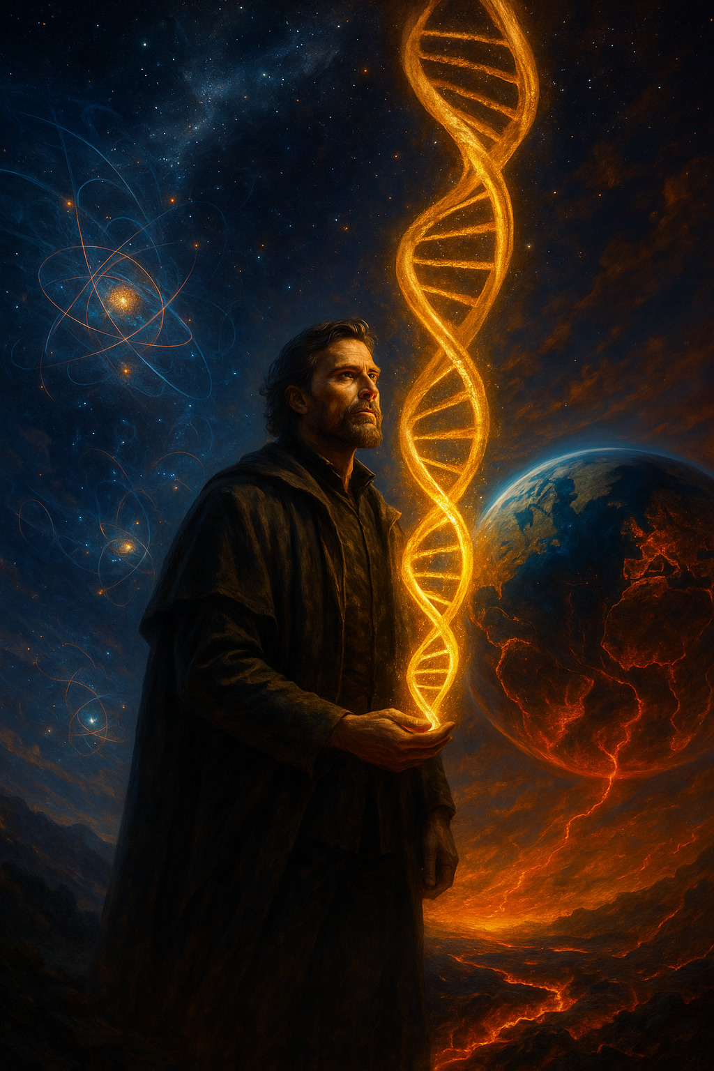 Científico en túnica oscura sostiene una doble hélice de ADN dorada bajo un cielo estrellado con símbolos cuánticos, mientras la Tierra con grietas volcánicas brilla al fondo, representando los límites de la simplicidad en la ciencia.