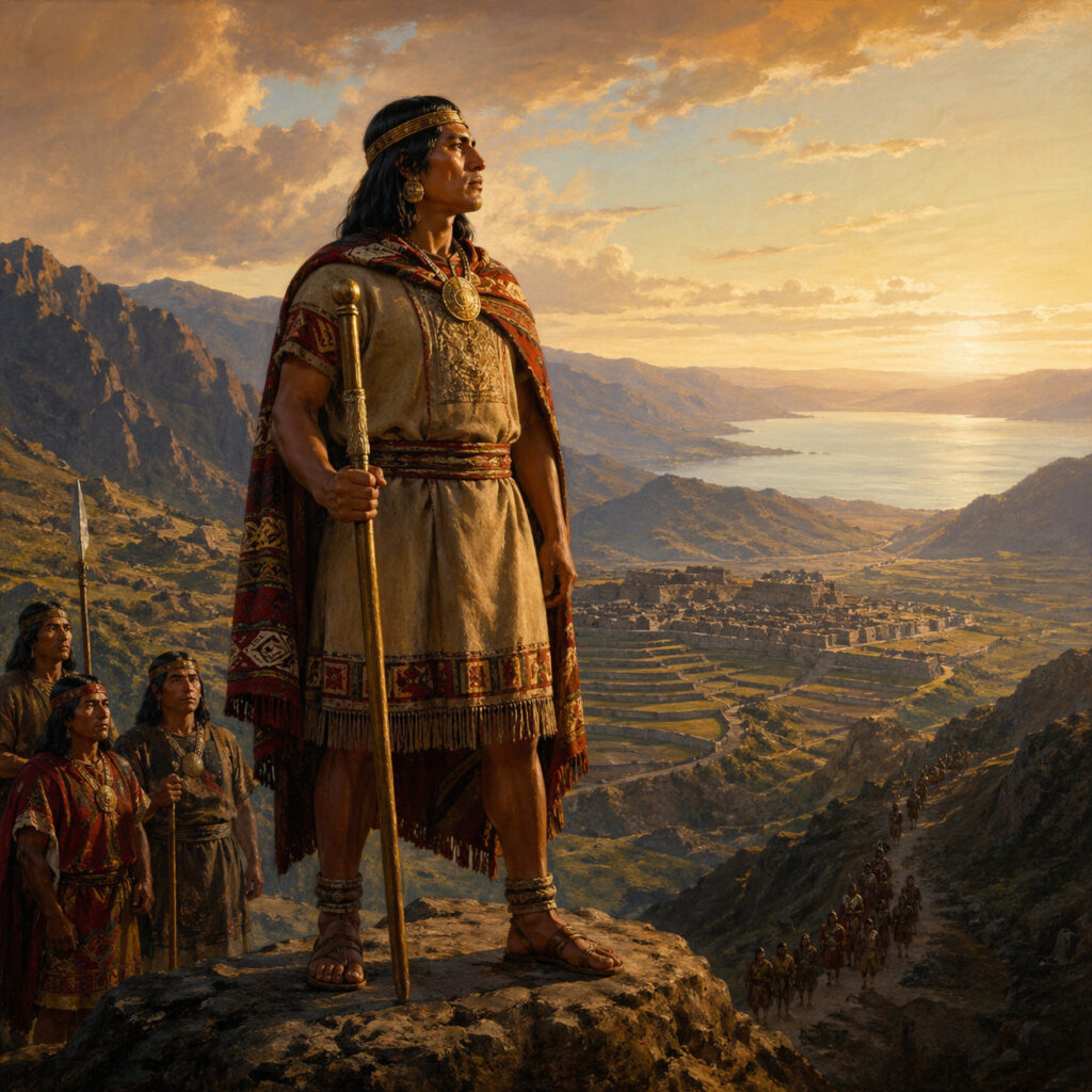 Ilustración histórica de Manco Cápac de pie sobre un promontorio andino, observando el valle de Cusco, con el Lago Titicaca, seguidores incas, terrazas agrícolas y una columna de guerreros al fondo.