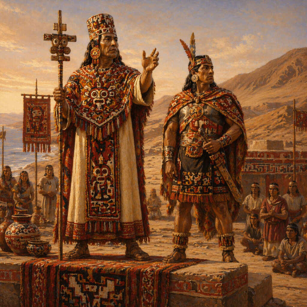 Representación del mandato divino en la cultura Paracas con un sacerdote de alto rango y un noble guerrero en un espacio ceremonial del desierto peruano.