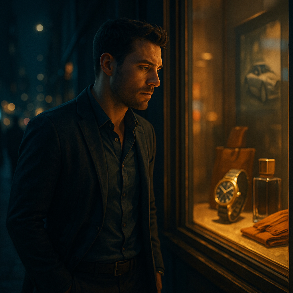 Hombre adulto moderno frente a un escaparate nocturno iluminado con productos de lujo, simbolizando la relación entre testosterona, estatus social y marketing.