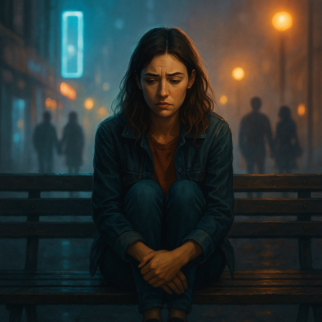 Mujer joven pensativa en un banco urbano, reflejando el miedo a estar sola y la presión social de las relaciones.