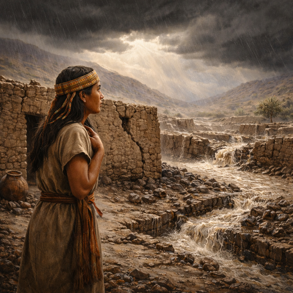 Mujer nazca observando una tormenta feroz que destruye un asentamiento de adobe y afecta los canales de riego en el antiguo Perú.