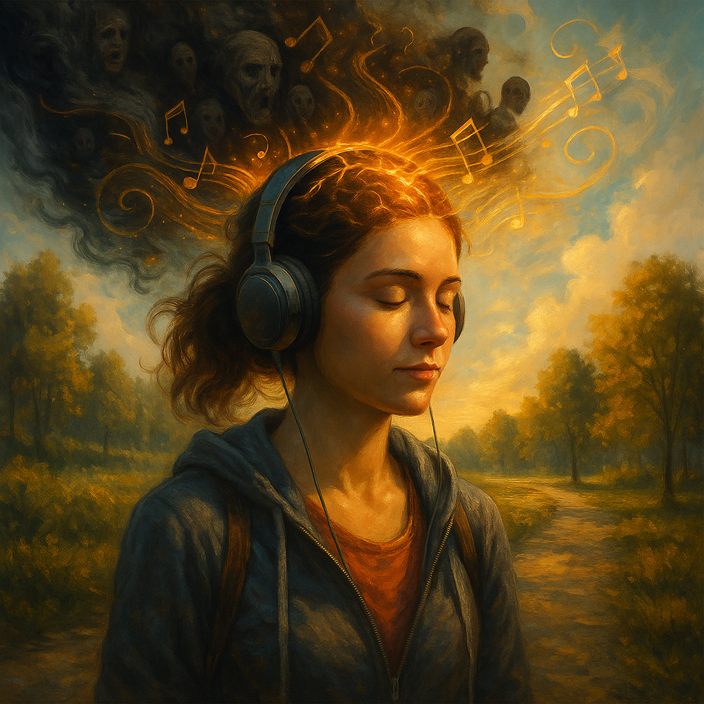 Persona con auriculares caminando mientras la música moldea su mente, creando realidades alternativas y simbolizando la conexión entre estructura cerebral y alucinaciones.