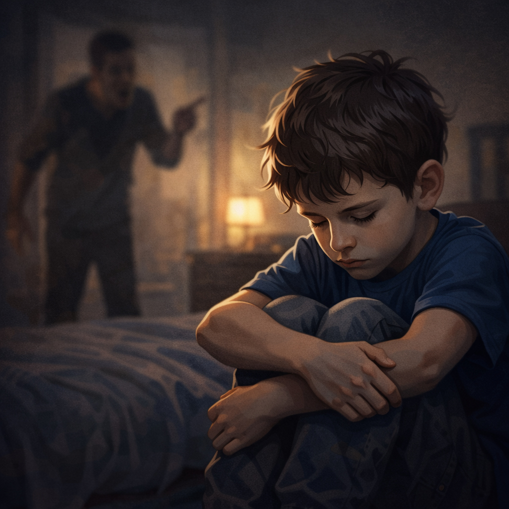 Niño sentado en una habitación con postura encogida y expresión triste, mientras al fondo se ve de forma desenfocada la silueta de un adulto en actitud de reprimenda, simbolizando el impacto emocional del maltrato verbal infantil.
