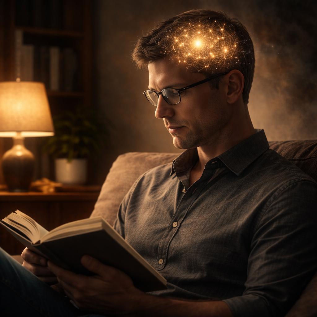 Persona tranquila leyendo un libro en una habitación silenciosa, con el cerebro iluminado para representar claridad mental, concentración y protección ante la intimidación psicológica.