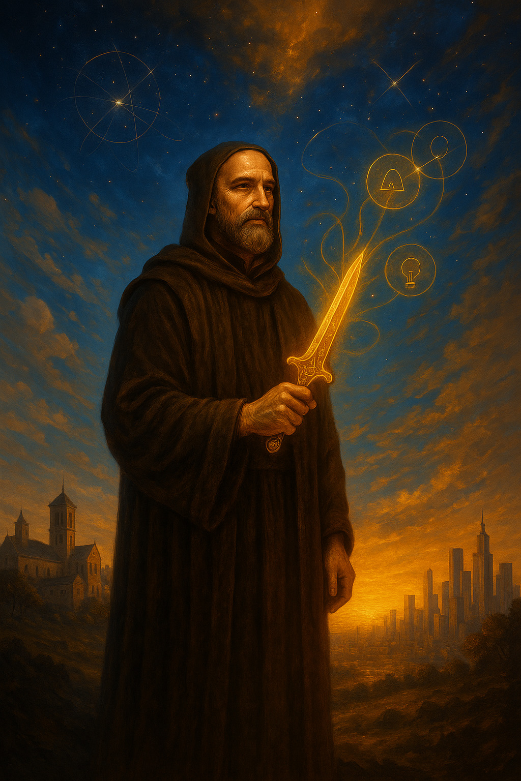 Ilustración vertical hiperrealista de William de Ockham sosteniendo una daga dorada luminosa, con un fondo que transiciona de una ciudad medieval a un horizonte urbano moderno, bajo un cielo estrellado con símbolos de claridad y simplicidad.