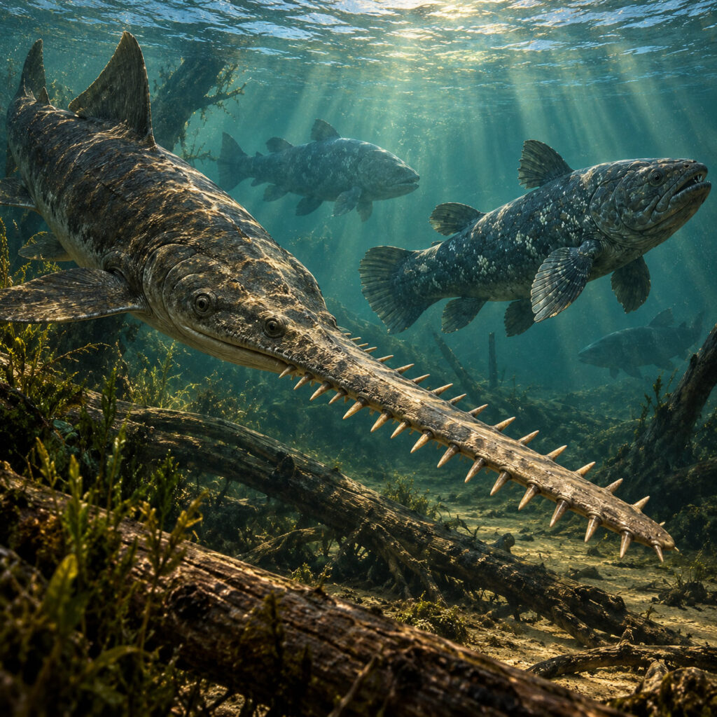 Onchopristis y grandes peces prehistóricos en un río del Cretácico
