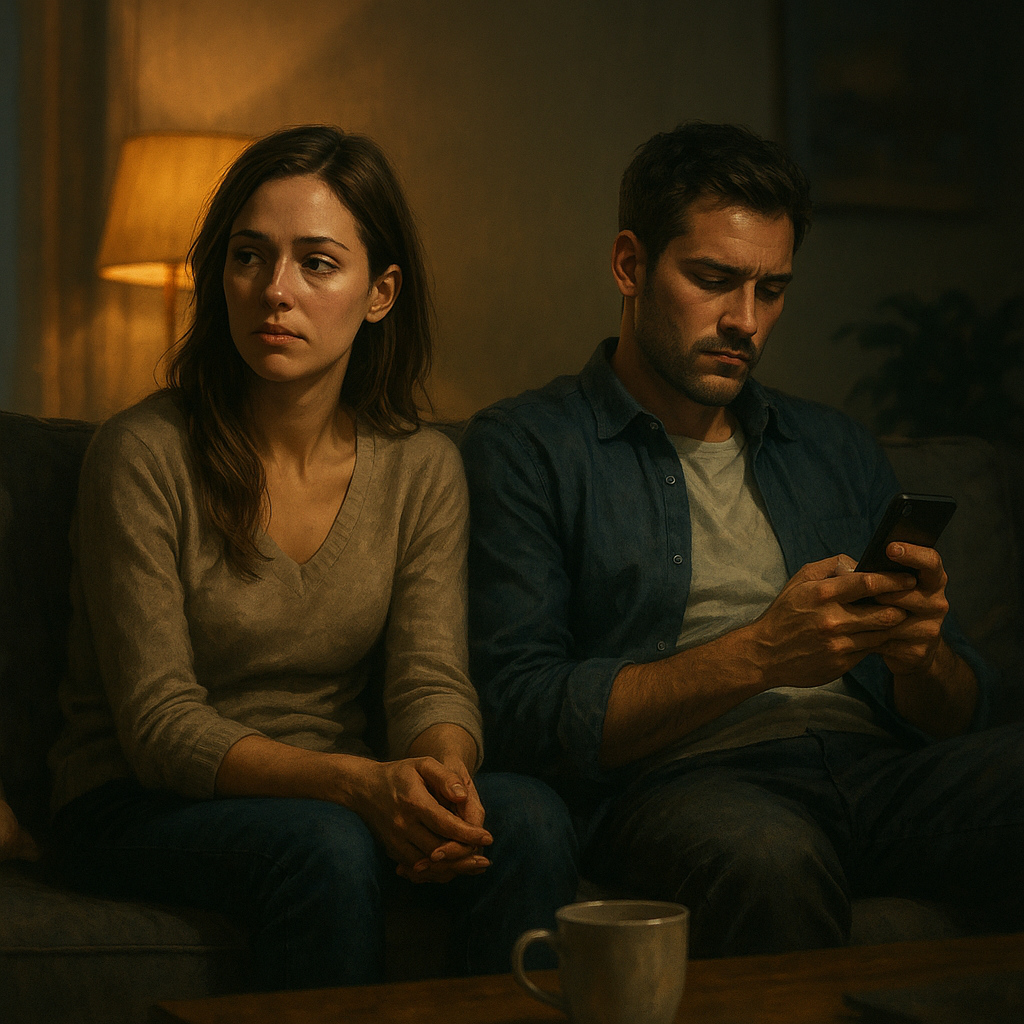 Pareja distante en el sofá: mujer triste y hombre distraído con su teléfono, reflejando desamor.