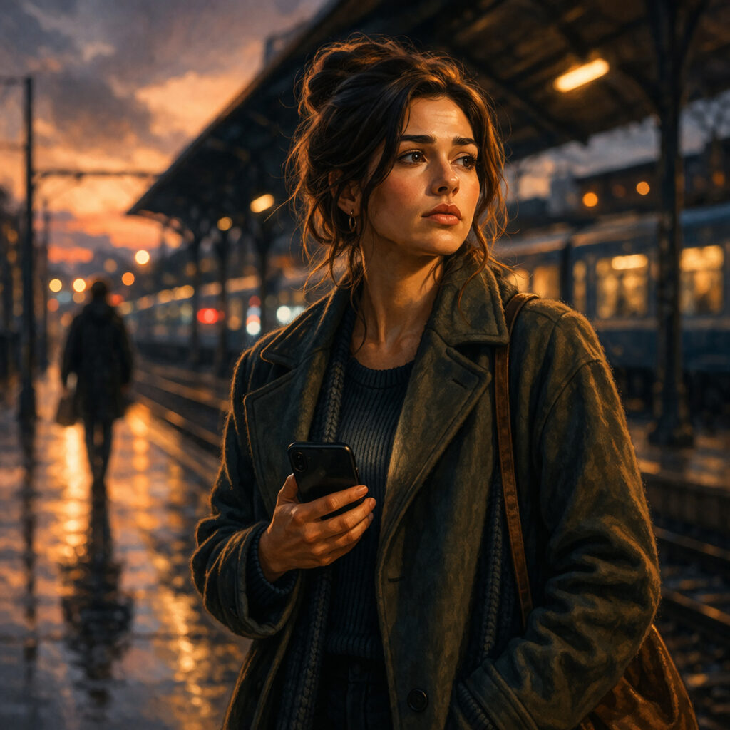 Mujer sola en una estación de tren al atardecer, sosteniendo un teléfono con expresión firme y reflexiva, en una escena que simboliza límites sanos, búsqueda de apoyo y decisión ante una relación verbalmente abusiva.
