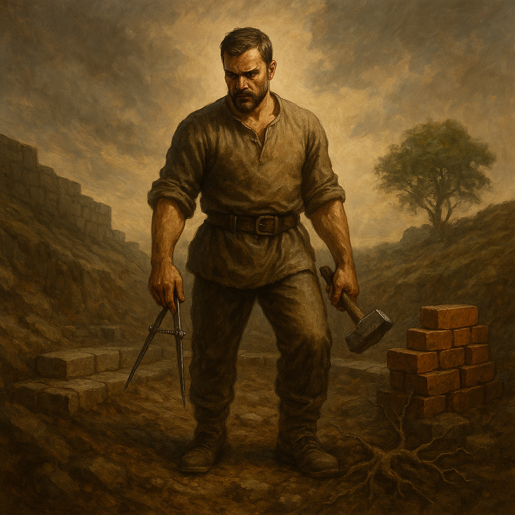 Pintura digital de un hombre construyendo con bloques de piedra, símbolo del pragmatismo y el realismo aplicado a la vida cotidiana.
