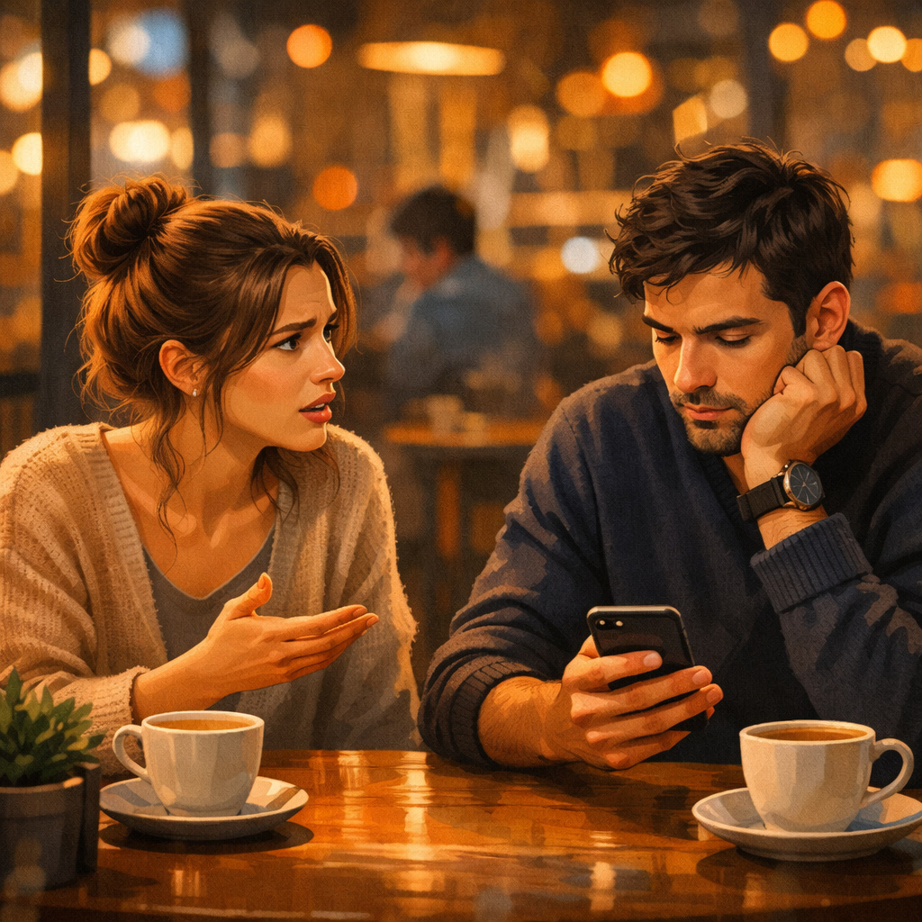 Dos personas sentadas en una cafetería cálida; una intenta hablar con gesto vulnerable mientras la otra mira su teléfono con expresión distante, simbolizando presencia física pero ausencia emocional.