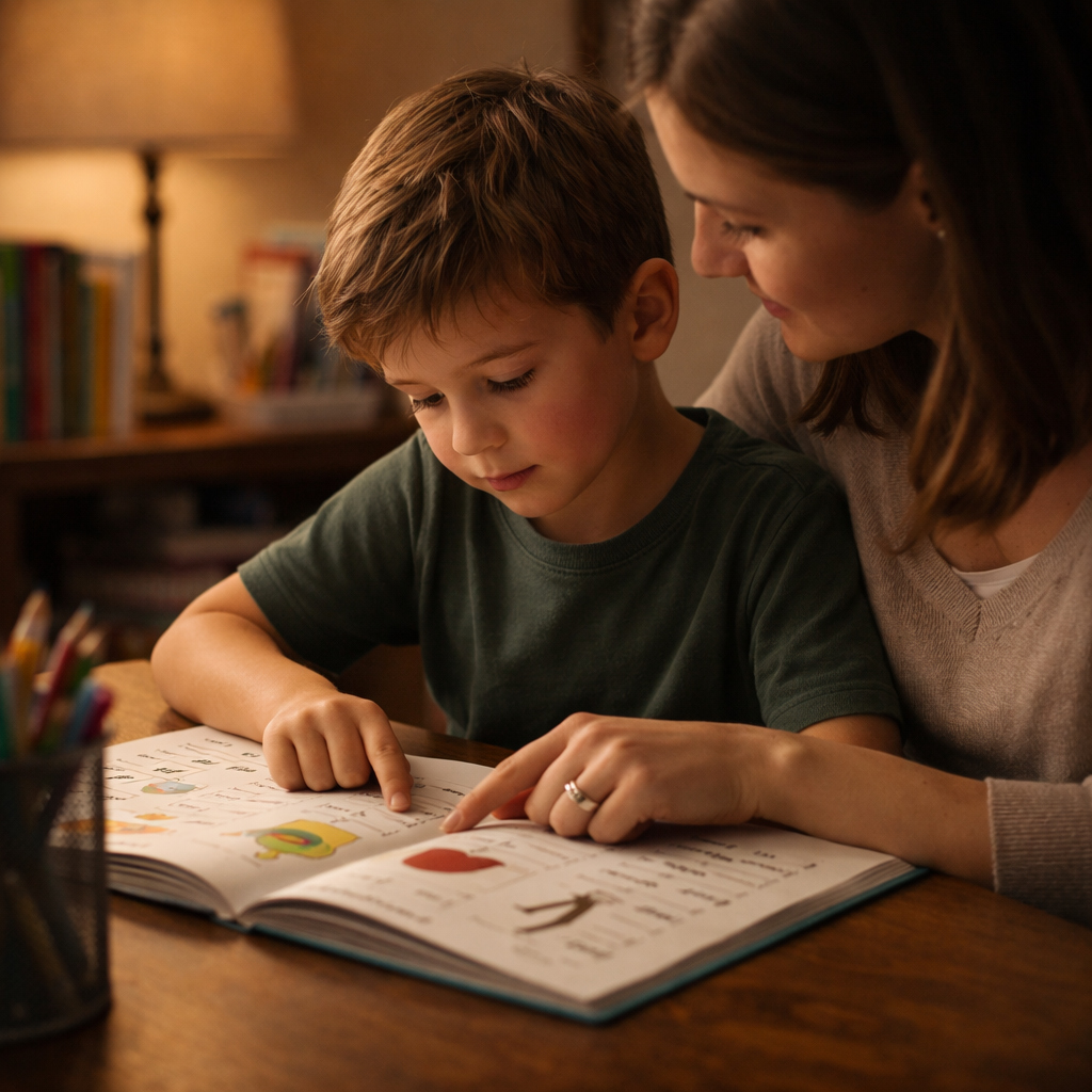Niño recibiendo apoyo individual en una actividad de lectura o aprendizaje como símbolo de la relación entre primogénito e inteligencia
