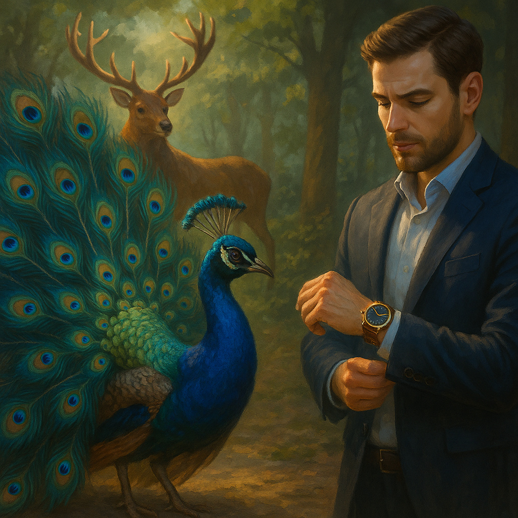 Pavo real con su cola extendida junto a un hombre moderno mostrando un reloj de lujo, metáfora de la psicología evolutiva y el principio de la discapacidad.